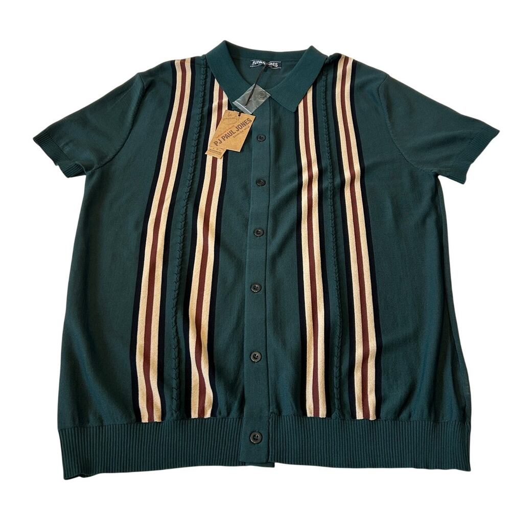 PJ Paul Jones Men's Knit Button Up Shirt XL Green Brown Striped S/S Retro NWT